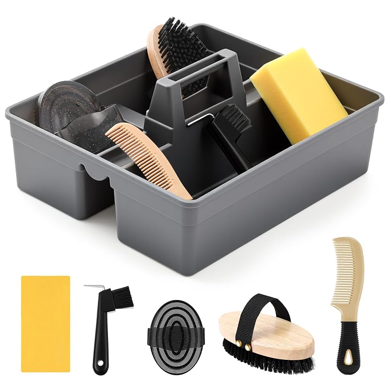 Kit de Higiene para Cavalos Abbylike com Bolsa Organizadora, Escova, Pente e Limpador de Cascos, 6 Peças, Cinza