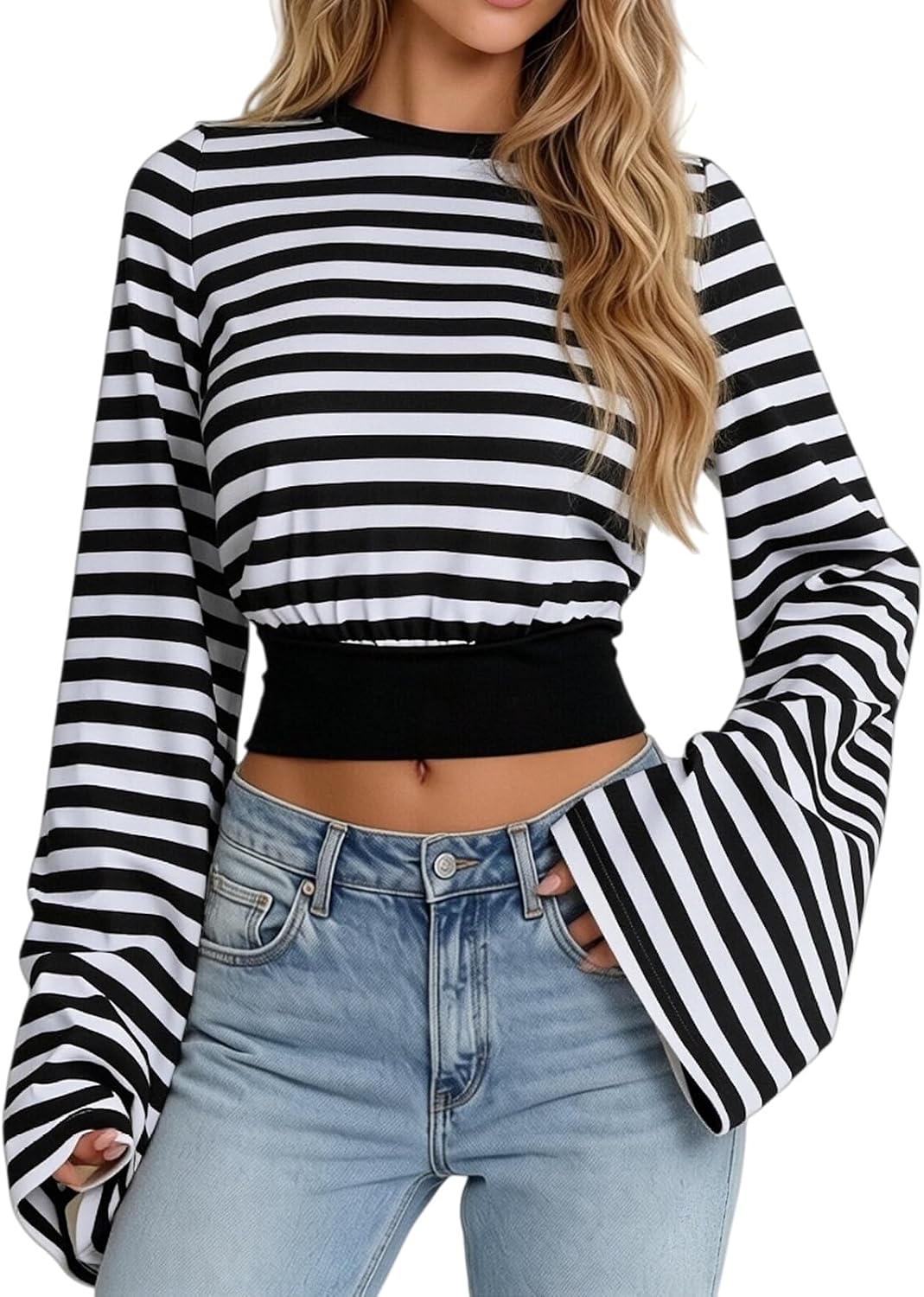 Women Y2K Striped Long Sleeve Open Back Crop Top Halloween Outfit
