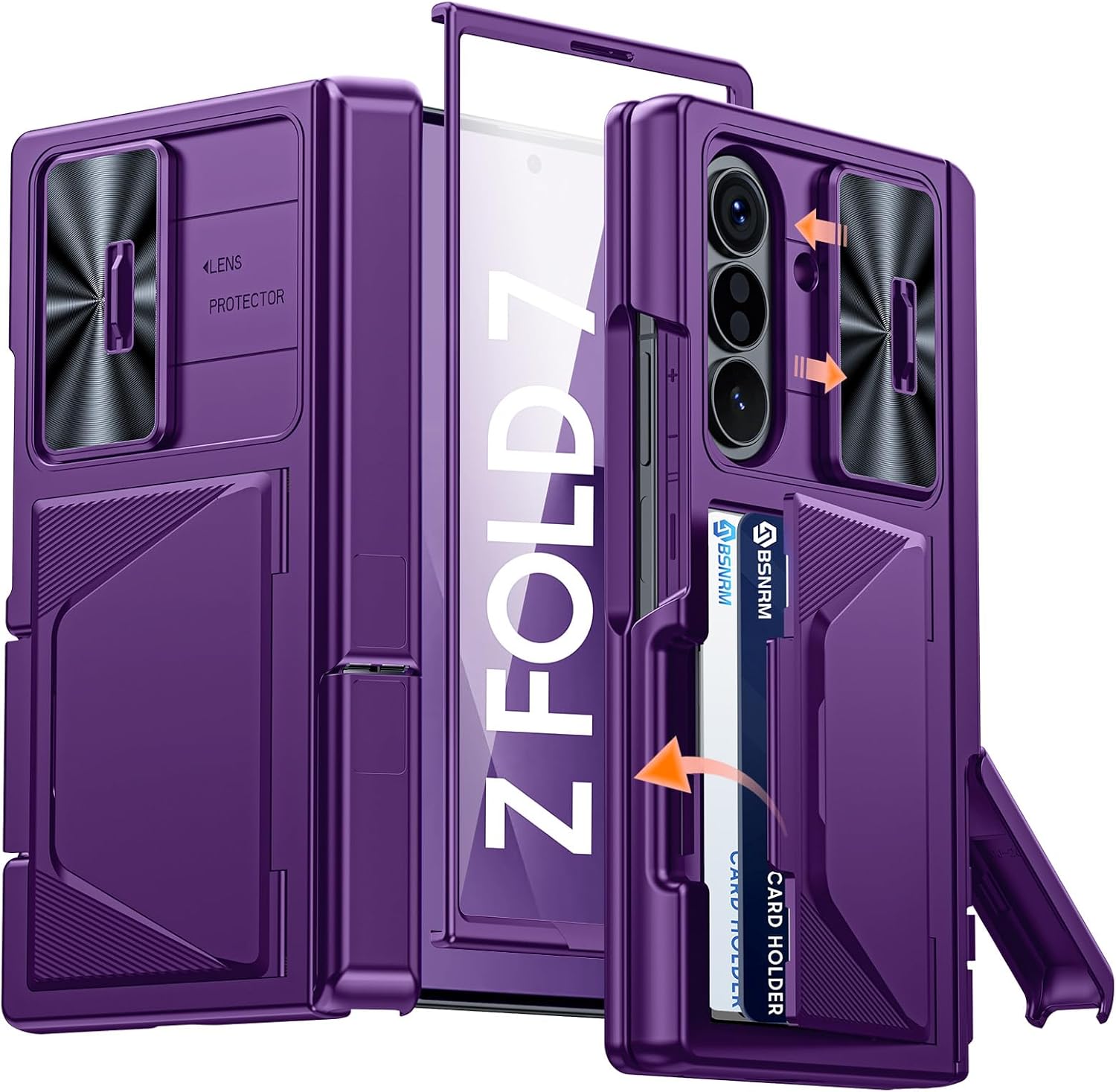 for Samsung Galaxy Z Fold 7 Case with Card Holder RFID Blocking, Built in Slide Lens Cover & Hinge Protection & Kickstand & Screen Protector, Shockproof Wallet Case for Z Fold 7 (Purple)