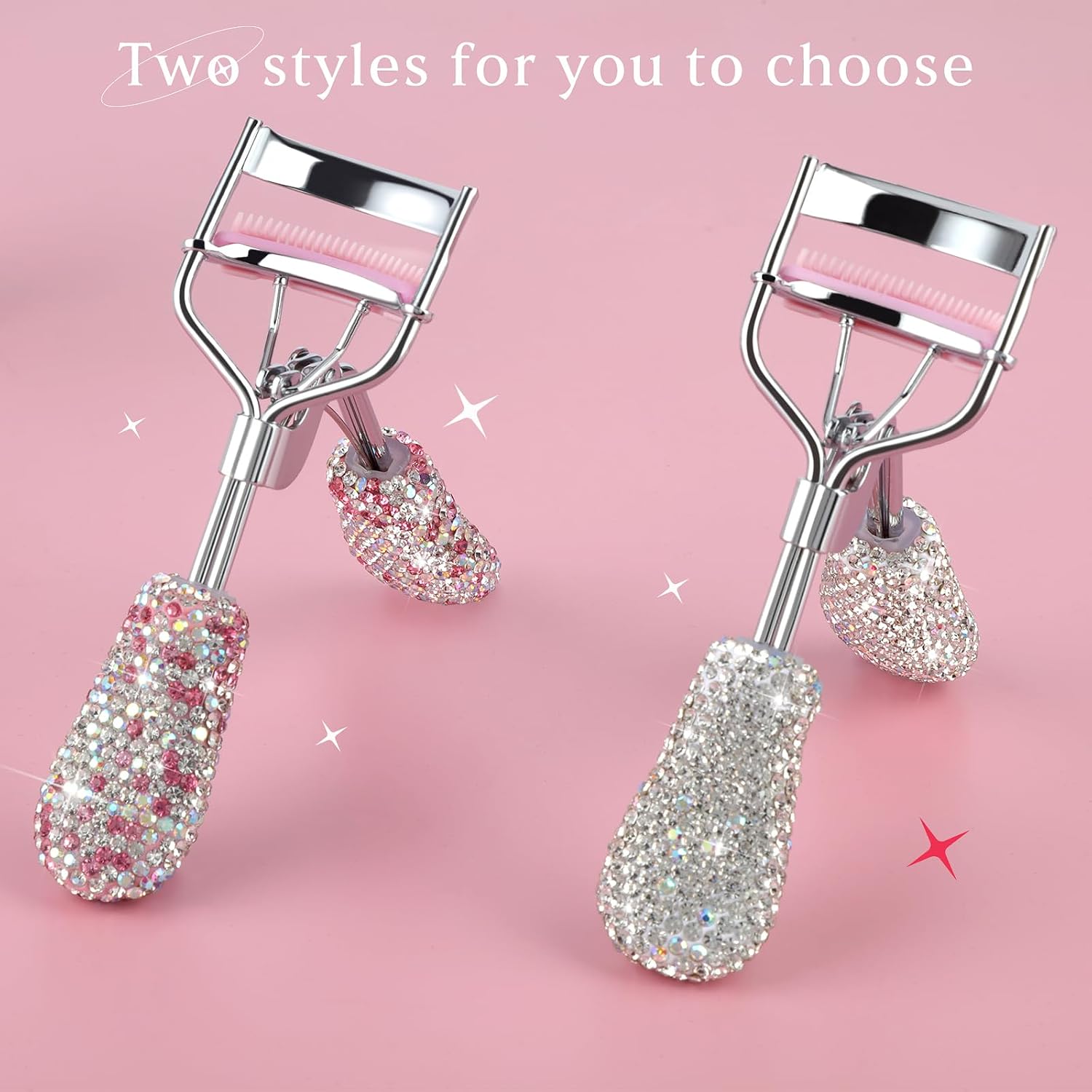 Bling Rhinestone Eyelash Curlers with Built-in Comb Natural and Long Lasting Eyelash Fit for All Eye Shape Curved Lash Curler for Daily Makeup (White AB)