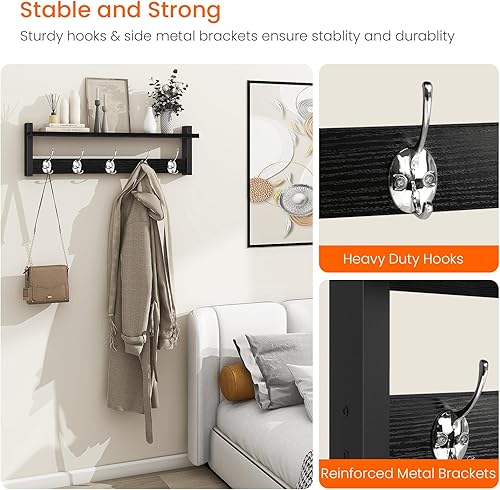 Miniatura 4 de Homode Perchero de pared con estante, estante de entrada de 24 pulgadas de largo con ganchos debajo, colgador de madera para colgar sombreros,