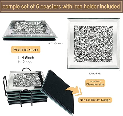 Miniatura 4 de DILIBRA - Juego de 6 posavasos de vidrio con espejo con soporte, posavasos modernos con cristales brillantes para Dirnk, platos de vidrio de