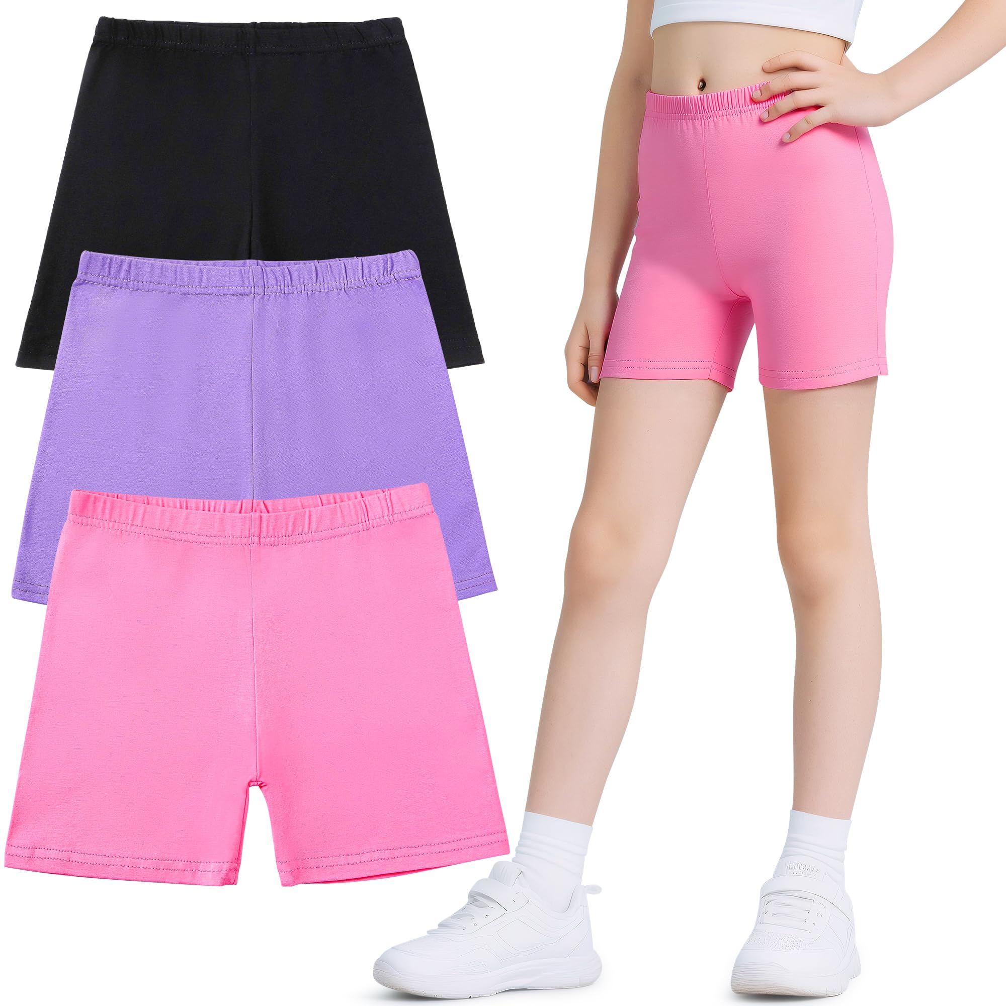 Shorts Pantalones Niñas, Cortos de Ciclismo Leggings Algodón Pack de 3, Elástica Mallas Cortas Transpirable Deportivo Correr Danza Verano Cómodo Short Pantalón 5-16 Años