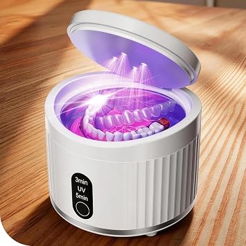 Cordless Ultrasonic Retainer Cleaner Pod, Rechargeable 45kHz Dental Cleaning Machine with Travel Size, Deep Cleaning for Aligners, Mouth Guards, Dentures, Braces & Jewelry, Low Noise