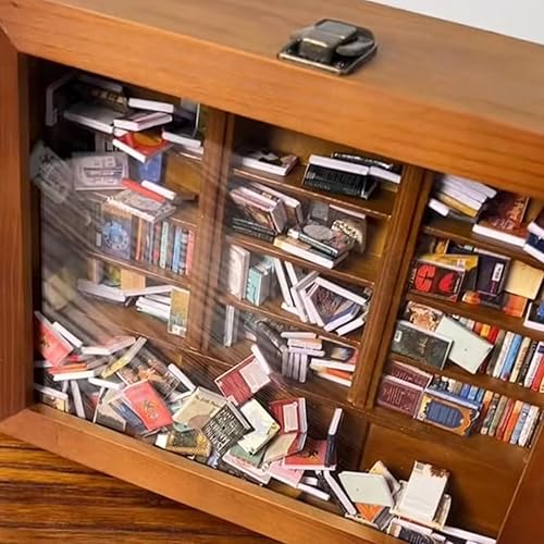 Miniatura 7 de Kit de rincón de libros para bricolaje, estantería de ansiedad con biblioteca de madera, diorama para aliviar el estrés, caja de fósforos de libros