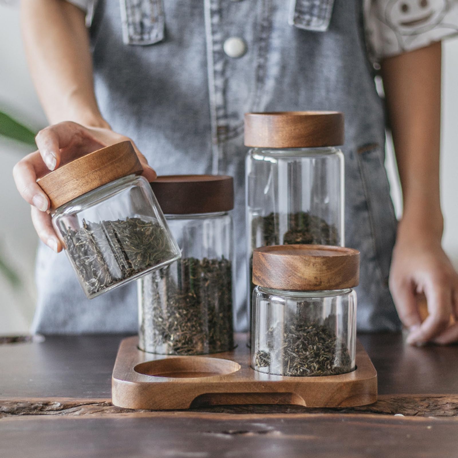 soulnioi Glass Jar with Lid Glass Containers With Bamboo Lids Coffee Storage Airtight Canister Petal Decorative Container Tea & Coffee Bean Sealer Acacia Wood Glass Storage Jar 580ml - Image 4