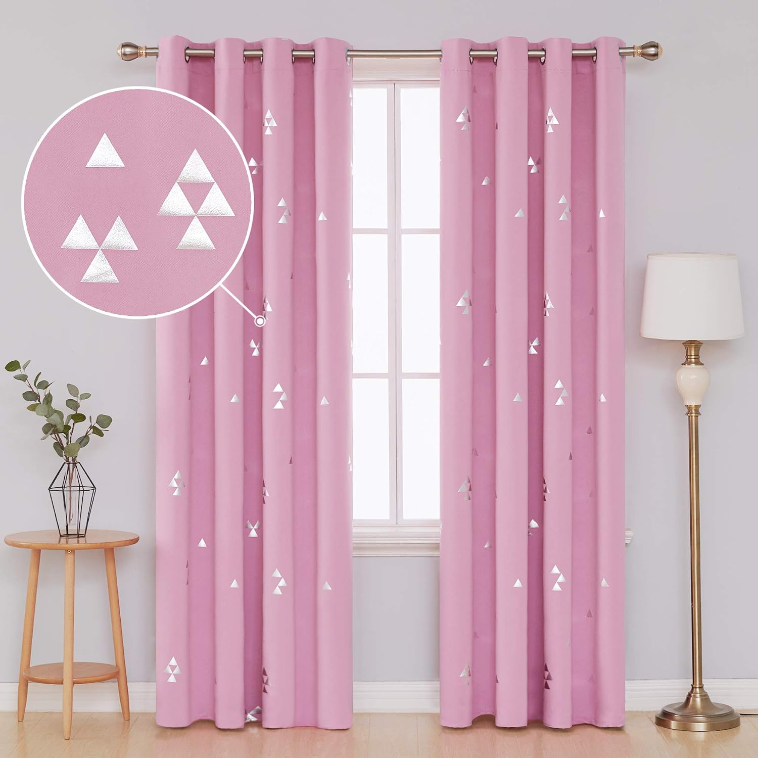 Deconovo Blackout Grommet Curtains Pair Thermal Insulated Window Curtains with Triangle Printed for Dining Room 52 x 84 Inch Pink 2 Panels