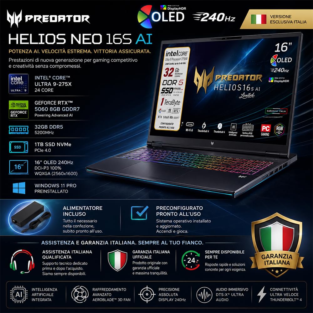 Acer Predator Helios Neo 16s Ai Ultraslim Oled 240Hz Limited Edition | Intel Ultra 9-275HX 24core, RAM DDR5 32GB, SSD 1TB, 16" DCI-P3 100%, GeForce RTX 5060 8Gb, thunderbolt, Ready To Use