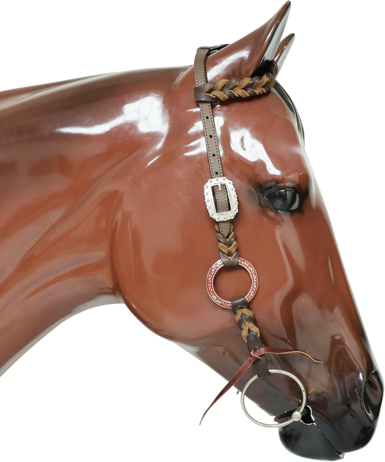 Western Leather One Ear Headstall & Breast Collar Tack Set – Red, Royal Blue & White Hand-Painted Engraved Rings, Fringe & Twisted Braiding, Argentina Cow Leather, Antique Nickel Hardware – Full Horse