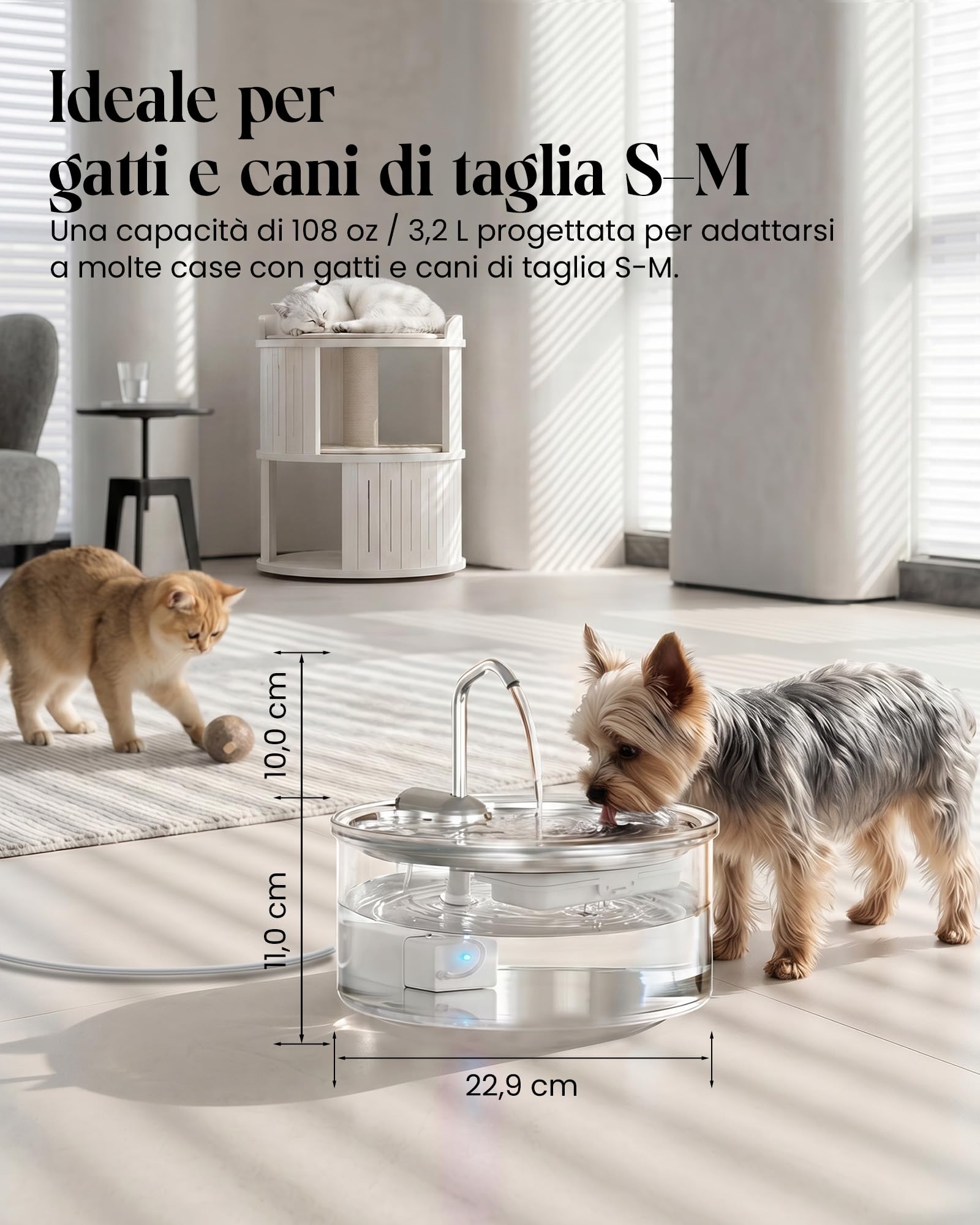 Tomxcute Fontana per Gatti e Cani Piccoli in Vetro 3,2 L, Silenziosa | Controllo facile del livello dell'acqua, design con rubinetto e facile manutenzione