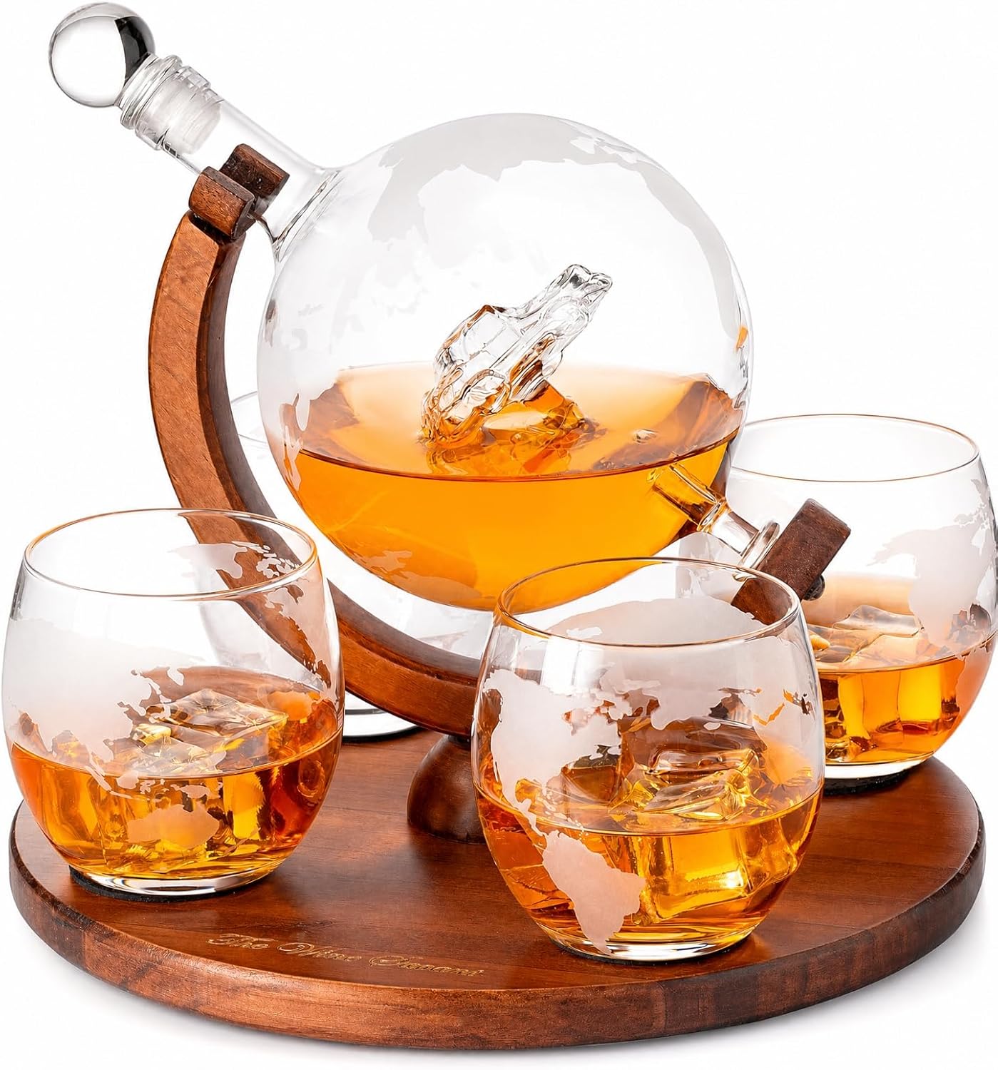 Etched World Decanter Car Whiskey Globe With 4 World Map Glasses - The Wine Savant Whiskey Gift Set Globe Decanter with Antique Car, Whiskey Great Gift Alcohol Related Gift 750ml Decanter 8 Oz glasses