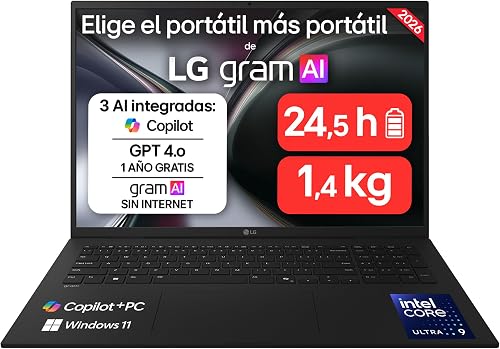LG gram 17Z90TL-G.AU99BN - Ordenador Portátil Ultraligero de 17" Intel Core Ultra 9 288V, 32 GB RAM, 1 TB SSD, IPS Antirreflej, 1389g, 24.5 h, Windows 11, Teclado QWERTY Español, Negro Carbón