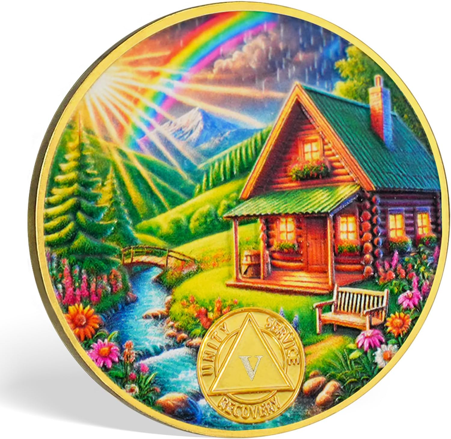 Serenity Prayer Recovery Coin Cabin Design with Unity, Service, and Recovery Triangles Challenge Coin Sobriety Sober Coin NA AA Chips and Medallions (Colorful Cabin, 5 Years)