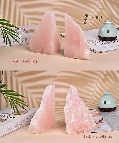 Miniatura 7 de AMOYSTONE Sujetalibros de cuarzo rosa resistente, organizador de estante de piedra natural con base antideslizante para escritorios y estantes (1