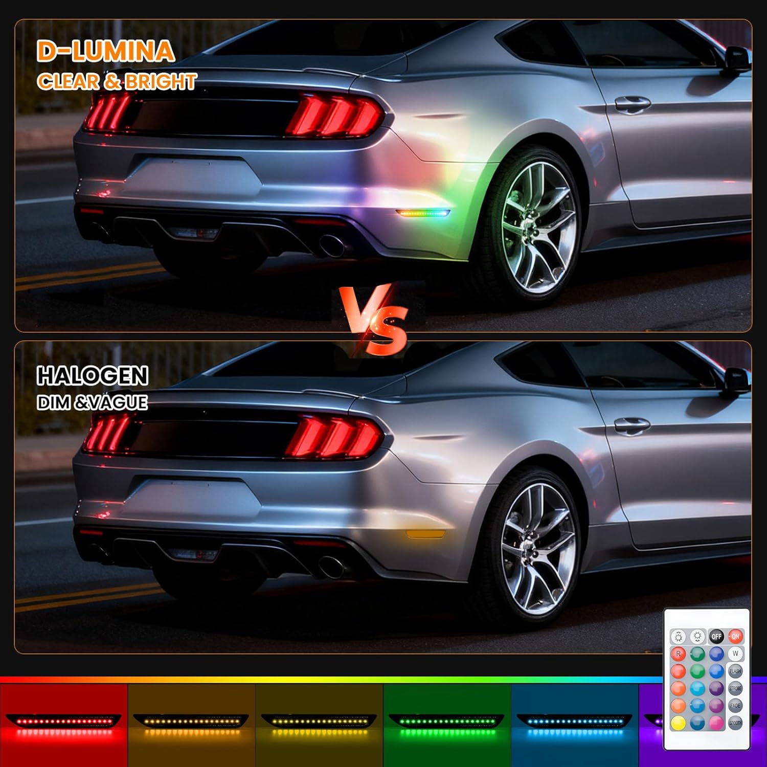RGB LED Side Marker Lights for Ford Mustang 2015-2023, Rear Fender Bumper Sidemarker Reflectors Lamps Kit Assembly with RF Remote 16 Colors Strobe Light, Somked Lens Kit 2PCS