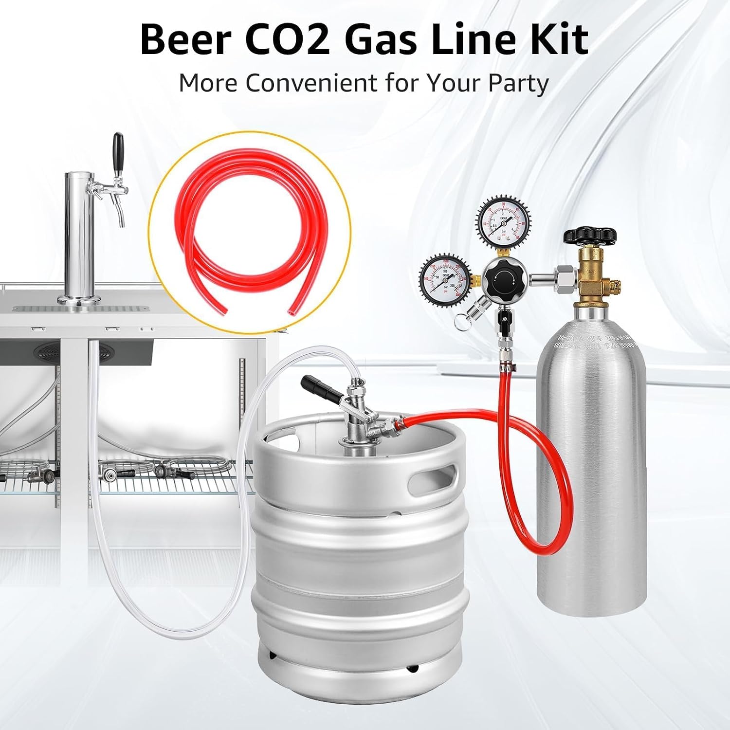 5FT Kegerator CO2 Gas Lines, Keg Lines Food-Grade PVC CO2 Tube Fit 5/16" Barb Fitting with 2PCS Stainless Steel Clamps for Brewing D Keg Coupler, Beer Keg Tap Tower
