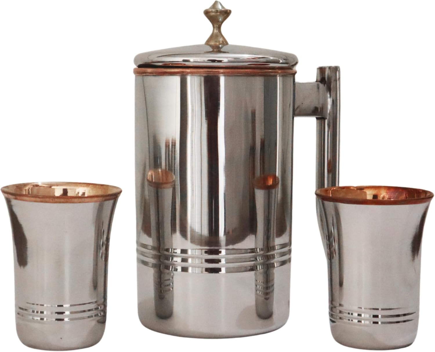 Stainless Steel and Pure Copper Water Pitcher with 2 Matching Tumblers for Ayurveda Health Benefits (57.48 fl. Oz.) (Brass Knob with Long Glass)