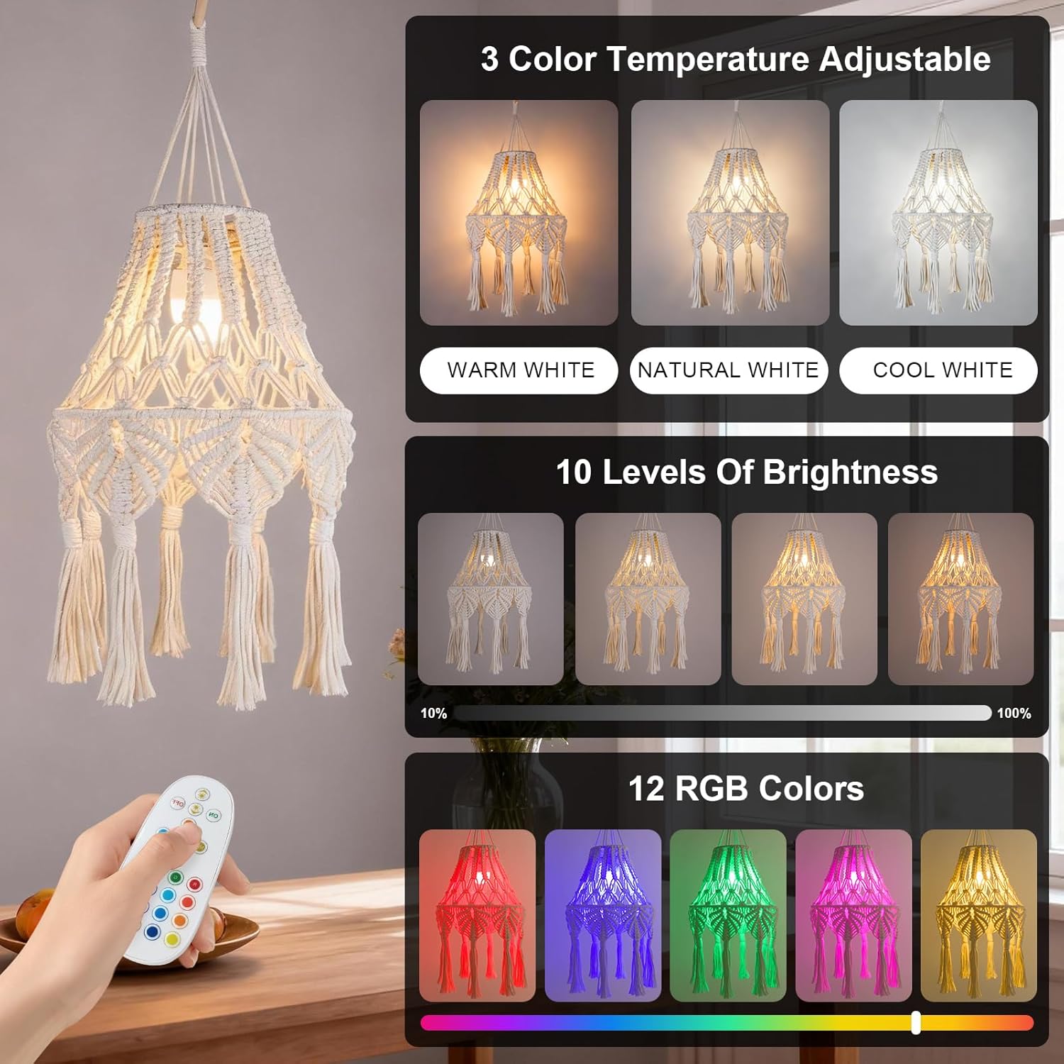 Boho Chic Macrame Pendant Lights with Tassels, Remote Control Dimmable Timer Rechargeable Battery Operated Hanging Lamp, Cotton Rope Wall Decor for Bedroom Living Room