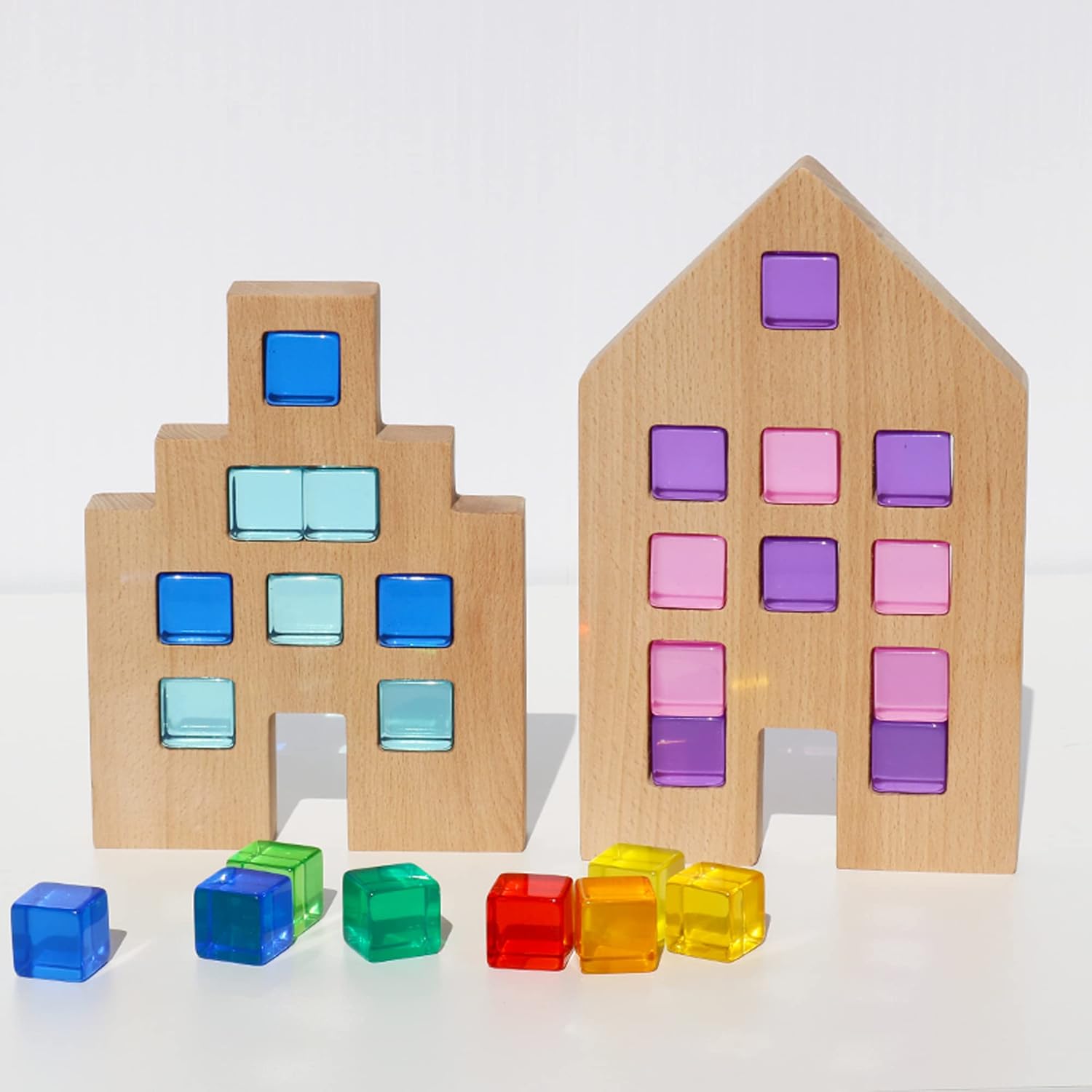 Candywood Rainbow Acrylic Gem Cubes Blocks Children Educational Sensory Training Crystal Toys Baby Learn Color Light Shadow Stacking Toys (30-Pcs)