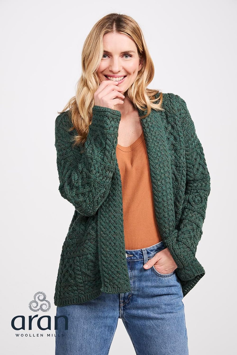 Aran Woollen Mills Women’s Shawl Collar Cardigan – 100% Merino Wool, Open Front Irish Cable Knit Sweater Warm Layering