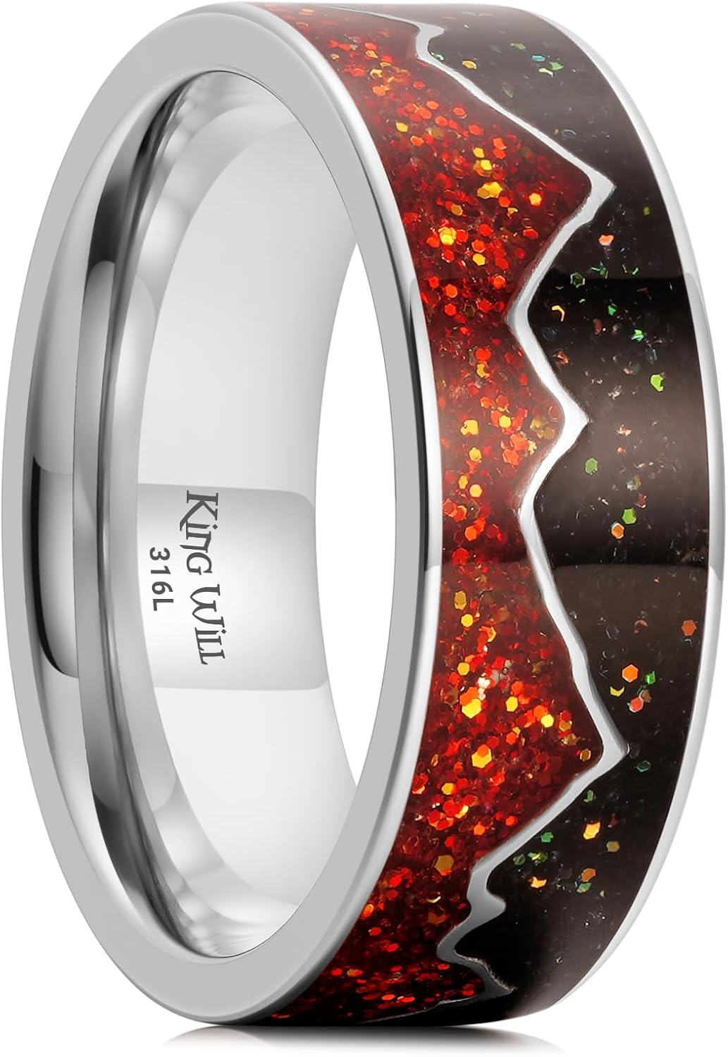 King Will 8mm Silver Stainless Steel Rings, Men's Wedding Rings Mountain/Wave Design Blue/Black/Red Sand Inlay Flat Cut Wedding Band for Men Women Comfort Fit and Durable