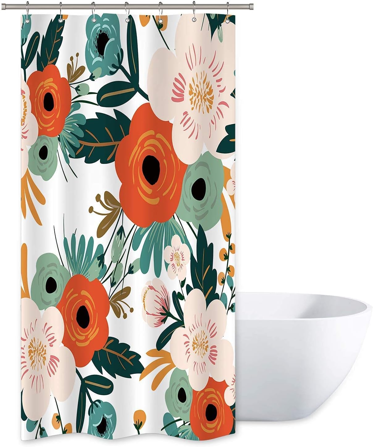 Riyidecor Small Stall Shower Curtain 36Wx72H Inch Half Narrow RV Spring Floral Flower Bathtub Decor Walkin Leaves Green Bathroom Decor Fabric Panel Polyester Waterproof 7 Pack Plastic Hooks WW-YHX9