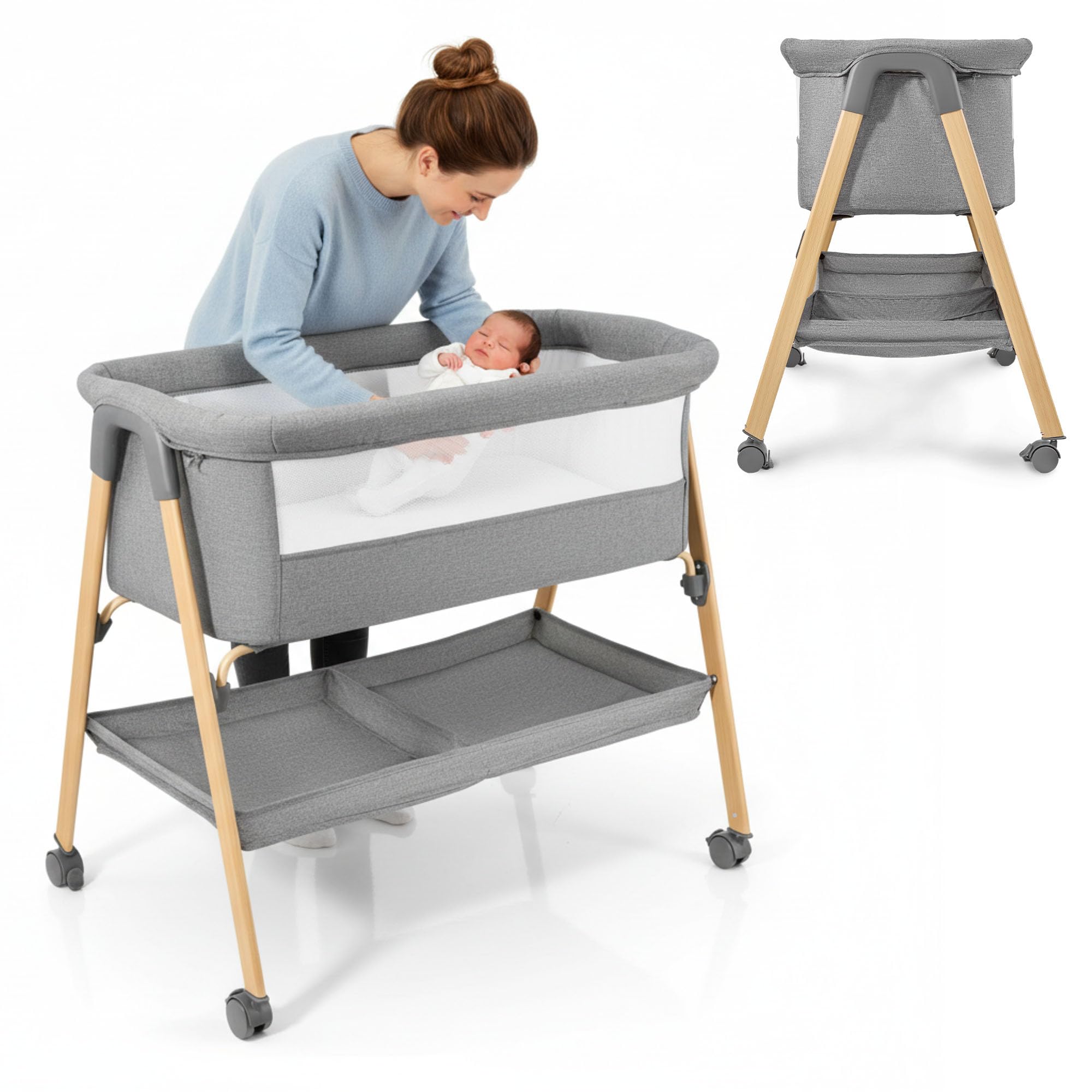 Moby-System Babybett Mili – Reisebett 0–6 Monate, Klappbar mit Matratze, Netzseiten, Stauraum, Rollen mit Bremse, Leicht & Stabil, Grau, Neugeborene, Beistellbett ohne Bohren, 9 kg Max.