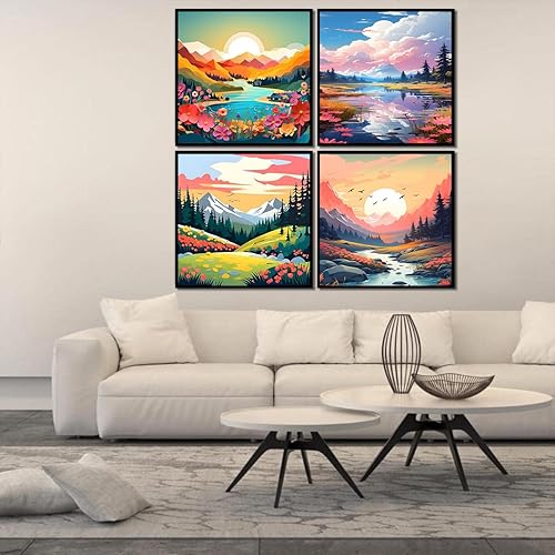 Miniatura 3 de Paquete de 4 pinturas por números para adultos, paisaje, bricolaje, pintura acrílica por números, kits sobre lienzo para niños de 4 a 8 a 12 años,