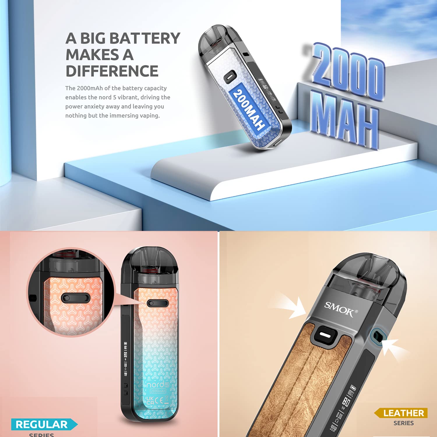 SM`OK Nord 5 Kit - 80W Nord 5 Vape Mod + 2000mAh Batterie 5ml Pod Cartouche  Fit RPM 3 Mesh Coil Vaporizer E-Cigarette
