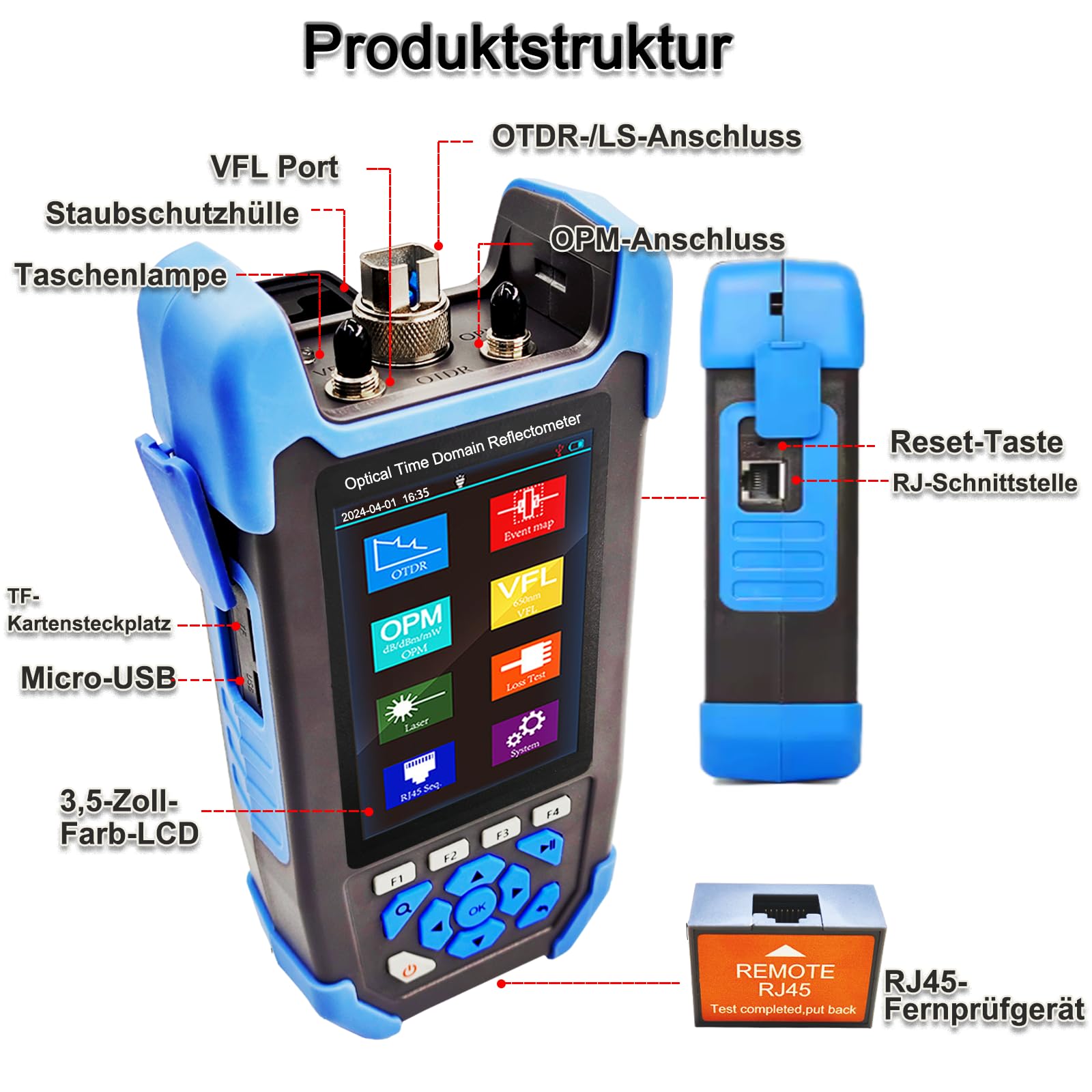 OTDR-Glasfaser-kabel-tester, 9-in-1-MultiFunktion OTDR für FTTx 1310/1550nm, 24/22dB, Bis 60KM, Optisches Zeitdomänenreflektometer mit VFL, OPM, OLS