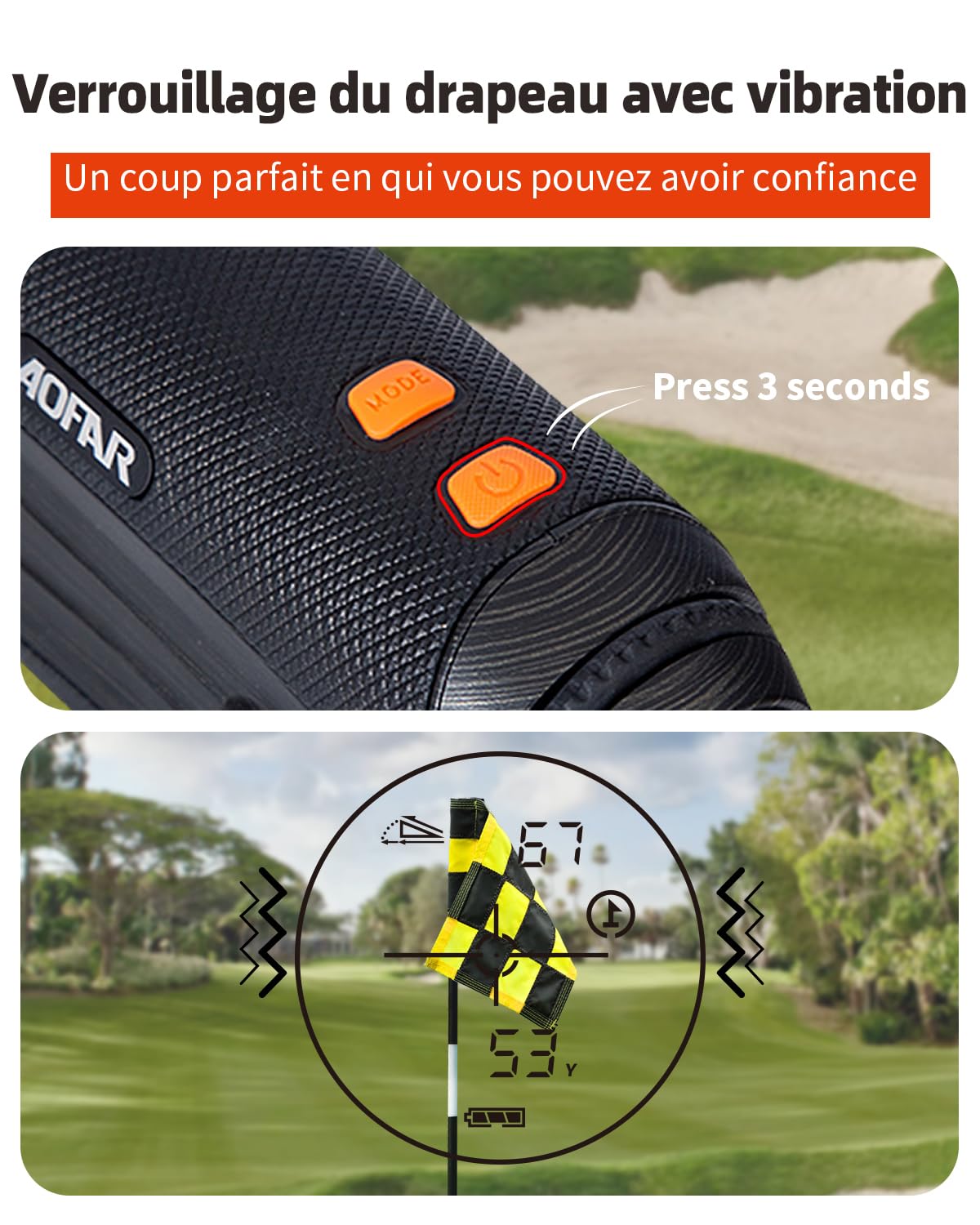 AOFAR GX-2S Pro Télémètre Laser Golf et Chasse 1000Y, Compensation de Pente on/Off, Verrouillage du Drapeau avec Vibration, Distance Horizontale, Mesure d'angle, Haute Précision