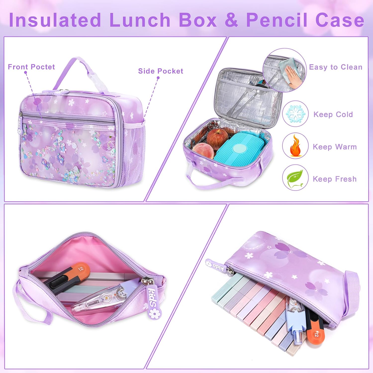 Backpack for Girls 3pcs Set, Kids Backpack for Girls with Lunch Box Pencil Case Set for Teens Elementary Middle School Bags (Purple-3 Piece Set-1) - Image 3