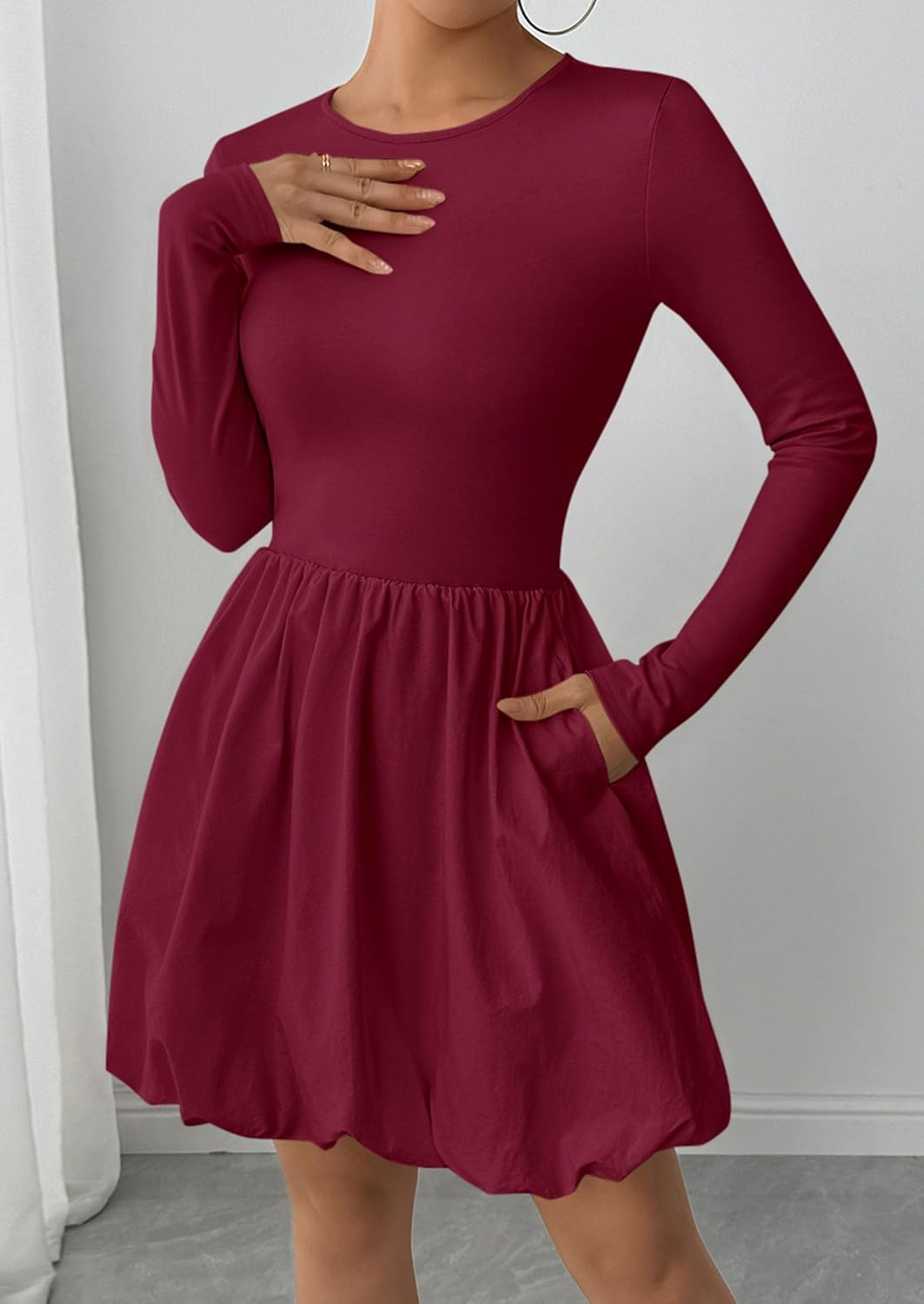 PRETTYGARDEN Fall Dresses for Women 2026 Casual Long Sleeve Bubble Cute Crew Neck A Line Mini Short Dress with Pockets - Image 5