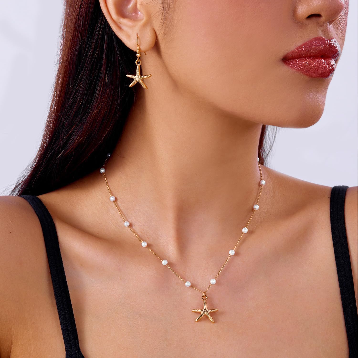 Sea Starfish Necklace Earrings Set For Women Dangle Golden Pearl Necklaces Summer Vacation Fashion Jewelry Set
