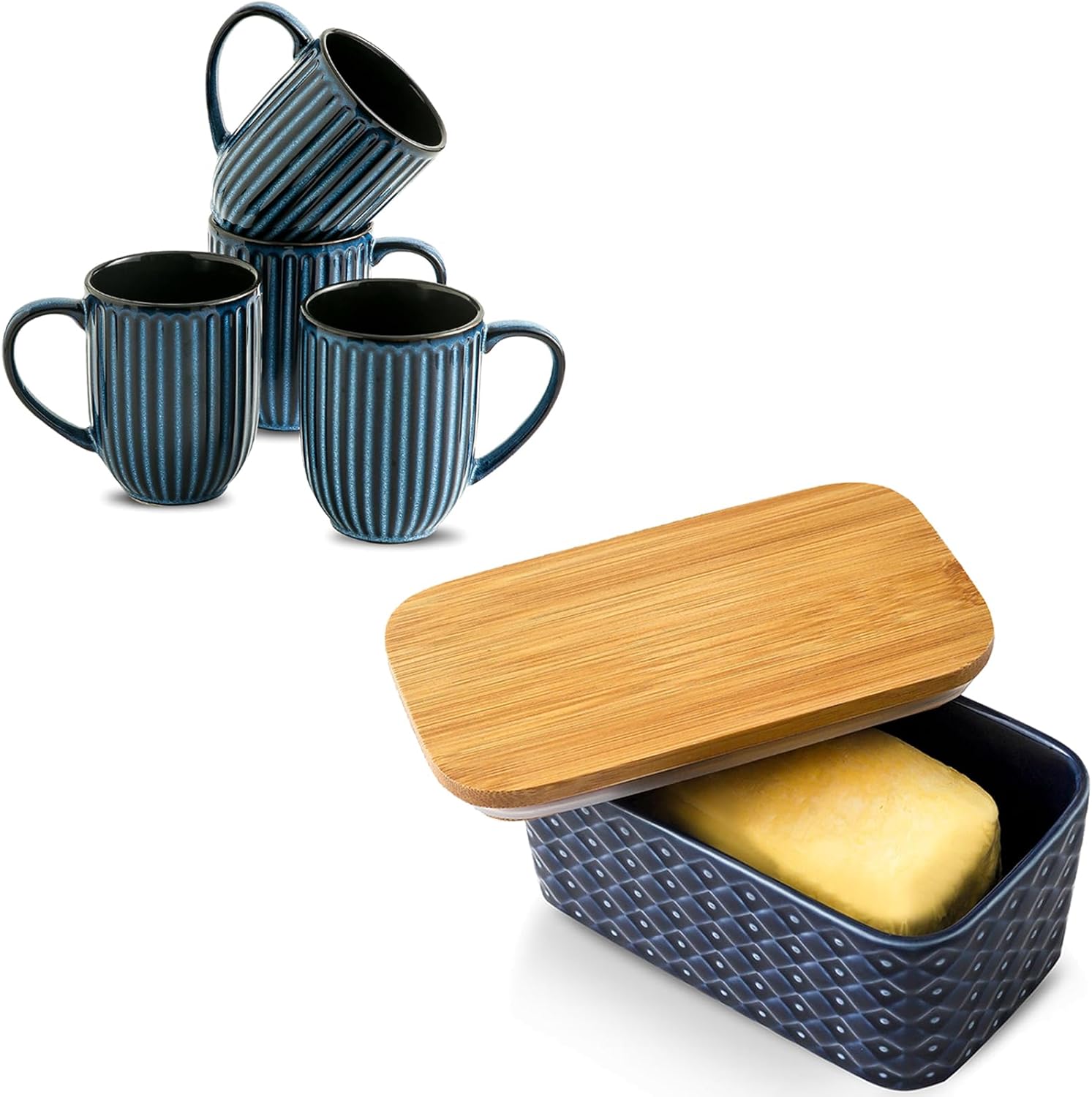 Hasense 5 Navy Blue Butter Dish with Lid, 16 Oz Ceramic Coffee Mugs Set of 4