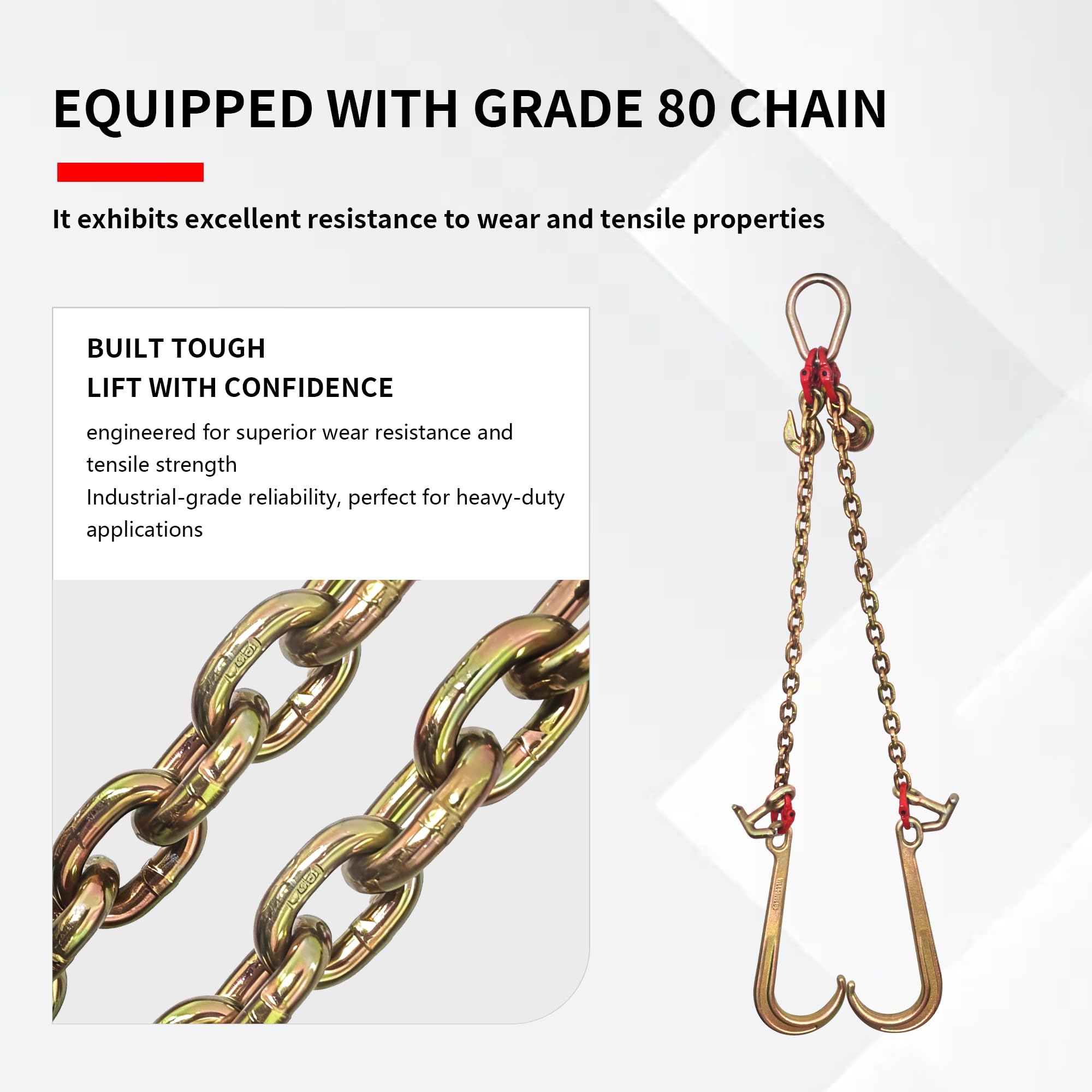 Wytrzymały łańcuch holowniczy V-Bridle, 1 cm x 0,6 m, potrójny hak z hakiem J 38 cm, bezpieczne obciążenie robocze 3538 kg do regeneracji ciężarówek i transportu sprzętu