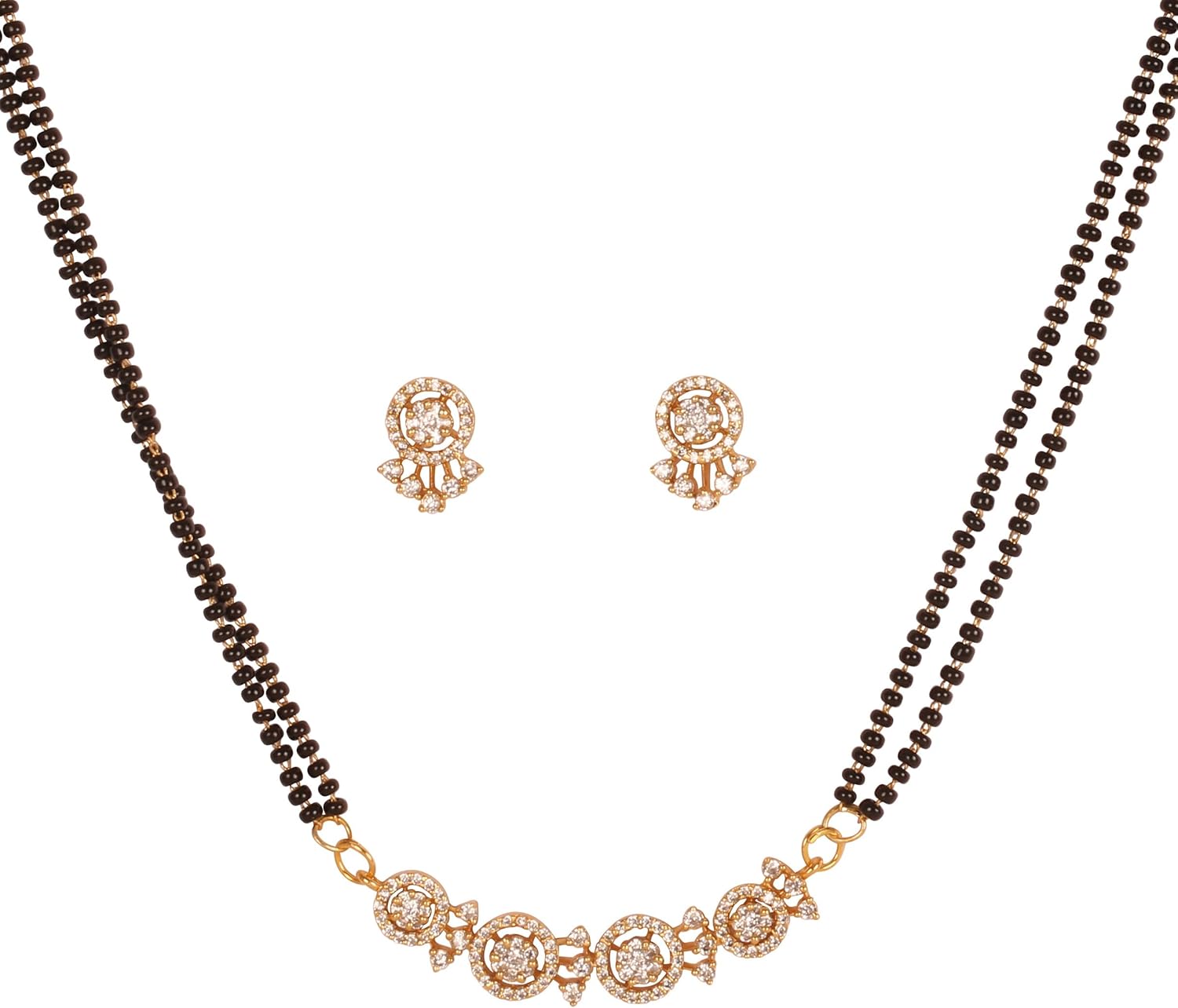 Sunsoul By Touchstone Traditional Indian Bollywood Studded Diamond Look Cubic Zirconia CZs Black Beads Symbolic Designer Jewelry Mangalsutra Pendant Set In Gold Tone For Women.