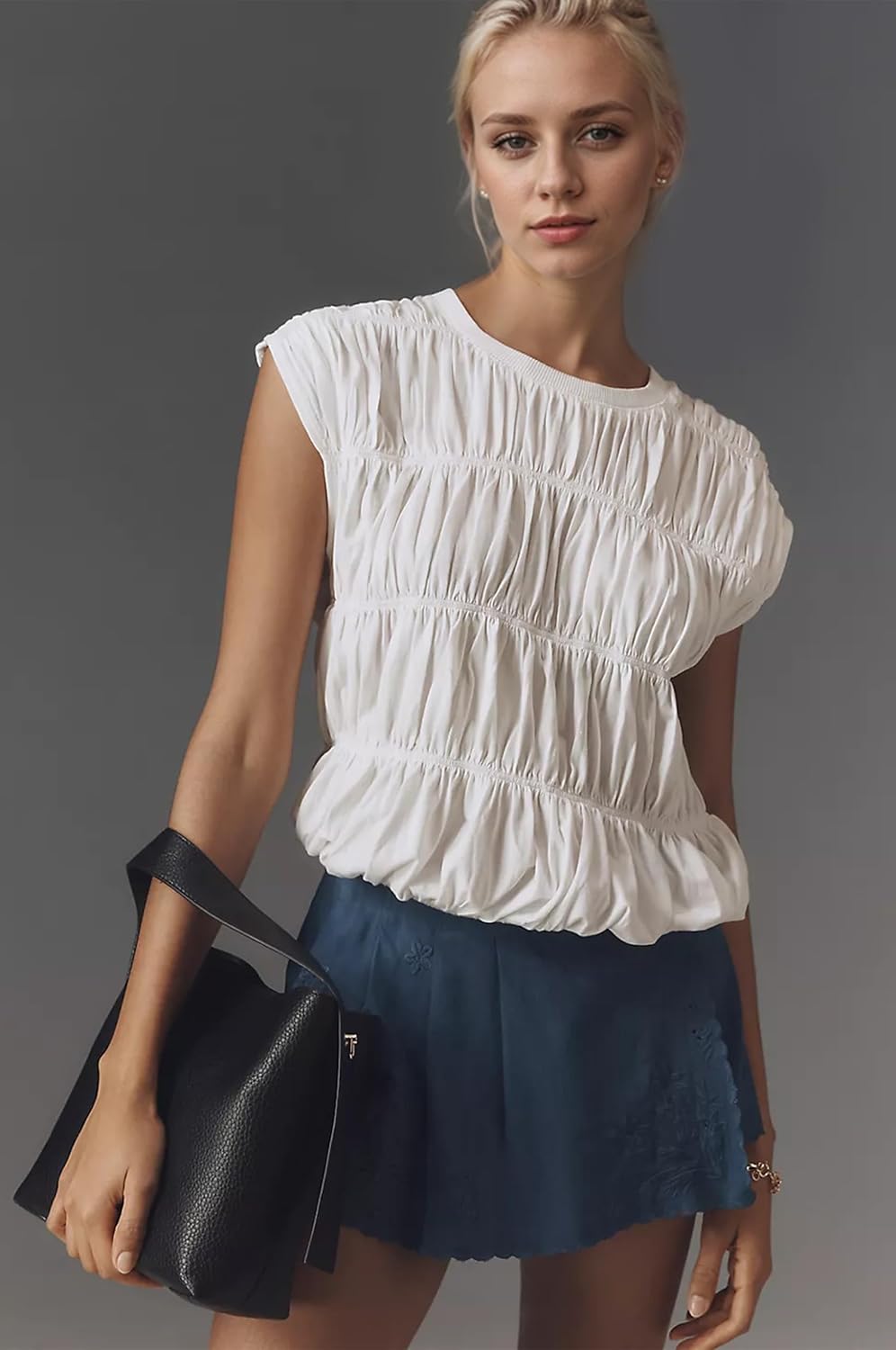 MISSACTIVER Women's Cute Tiered Shirred Bubble Top Solid Casual Crew Neck Cap Sleeve Tank Top Babydoll Tee Shirt Blouse Tops - Image 3