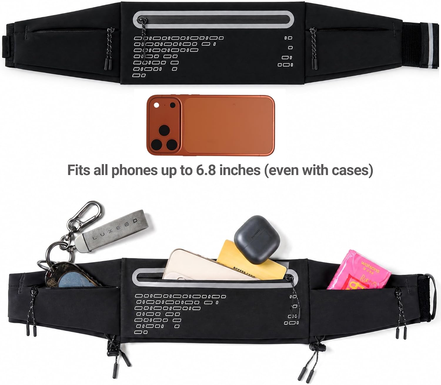 Running Belt Fanny Pack Men Women, Slim No-Bounce Waterproof Phone Holder | Adjustable Elastic Strap Fits 27-43" Hips, Detachable Race Bib Clips, Energy Gel & Sunglasses Loops, 3 IPX4 Pockets