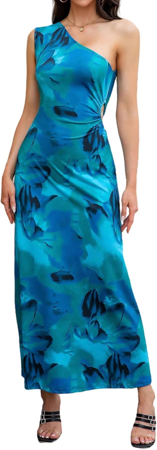 One Shoulder Dress for Women 2026 Summer Print Sleeveless Cut Out Ruched Party Bodycon Maxi Dresses