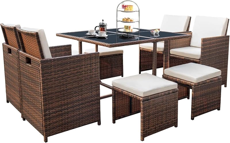 9 Pieces Patio Dining Sets Outdoor Space Saving Furniture Sets,Beige | Patio Conversation Set Rattan Chairs with Glass Table Cushioned Seating and Back Sectional Sofa
