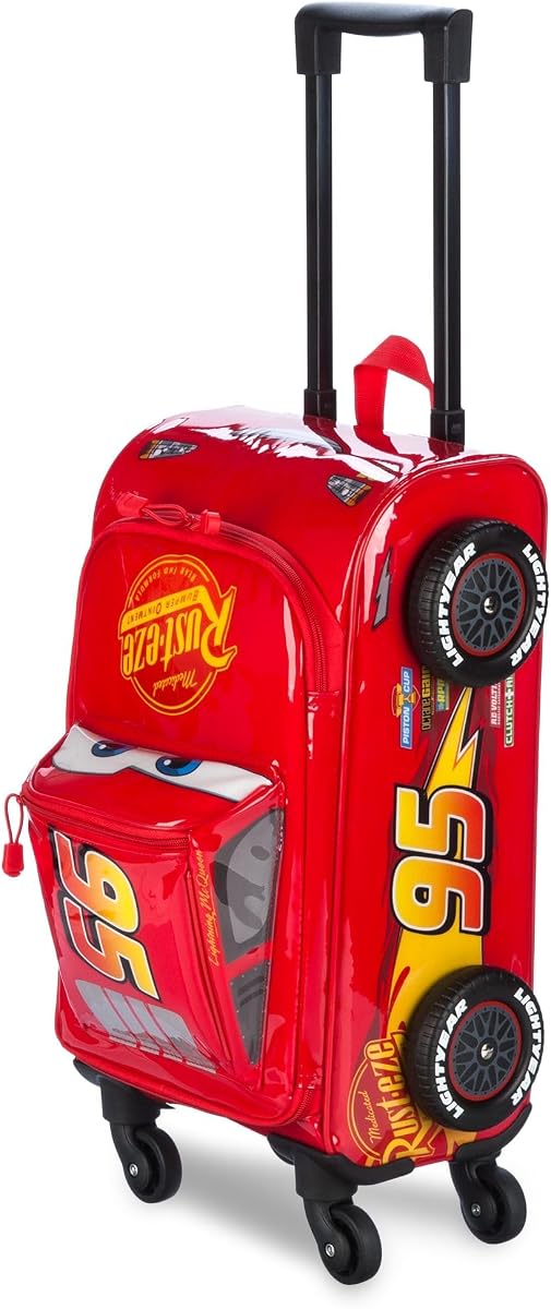 Equipaje con ruedas oficial de Lightning McQueen para niños - Bolsa de viaje con diseño de Pixar Cars y ruedas giratorias - Maleta de viaje de vinilo con asa retráctil y bolsillo para identificación