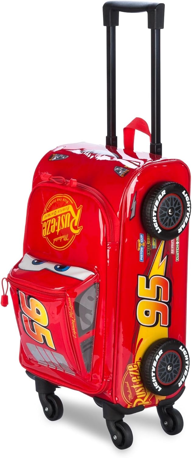 Disney Store Official Lightning McQueen Rolling Luggage for Kids – Travel Bag Featuring Pixar Cars Design & Rolling Spinner Wheels - Vinyl Travel Suitcase with Retractable Handle & ID Pocket