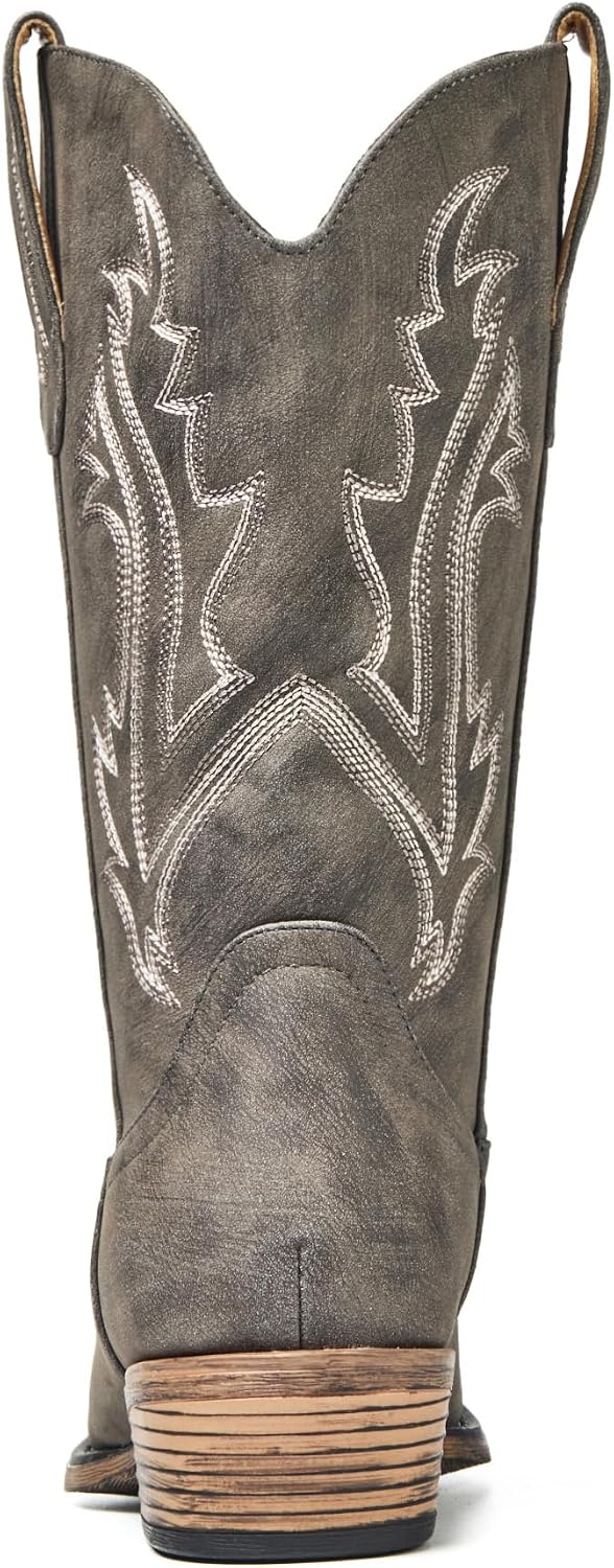 Cowboy Boots for Women Retro Western Embroidered, Wide Calf Chunky Heel Cowgirl Boots Ideal for Country Concert & Theme Party, Charcoal Grey 8