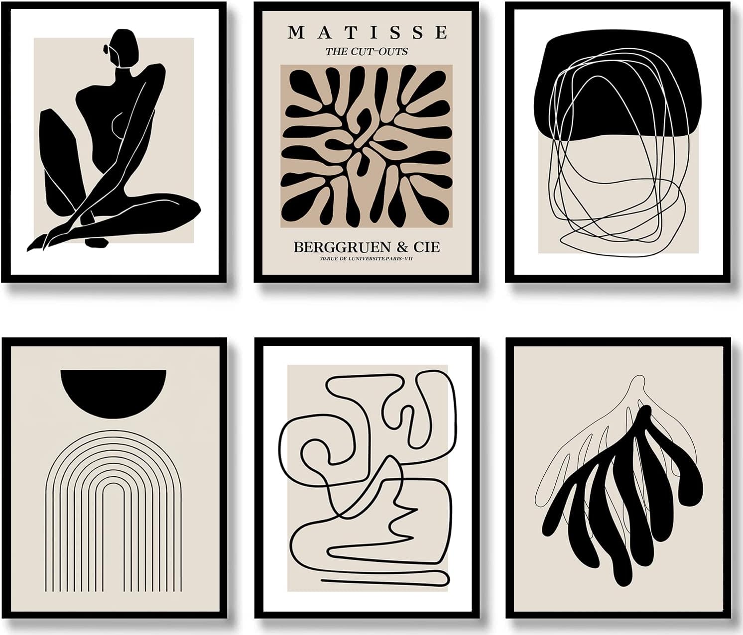 Boho Wall Art Mid Century Modern Decor Canvas Prints Set of 6 Black And White Neutral Abstract Boho Wall Decor for Bedroom Living Room Bathroom 8"x10" UNFRAMED