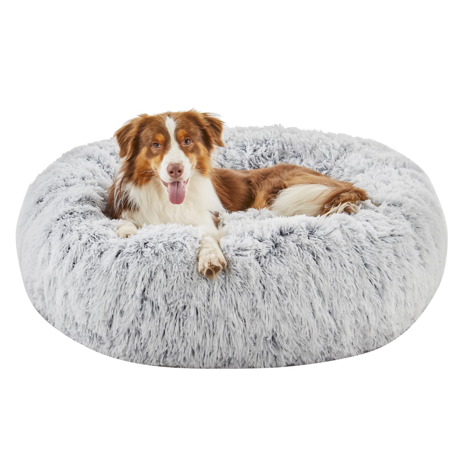 Calming Dog Bed for Small Dogs, Donut Cuddler Cat Bed, Anxiety Relieving Pet Bed, Fluffy & Cozy with Self-Warming Faux Shag Fur, Plush Round Cushion Dog Beds, Washable 20", Gradient Grey