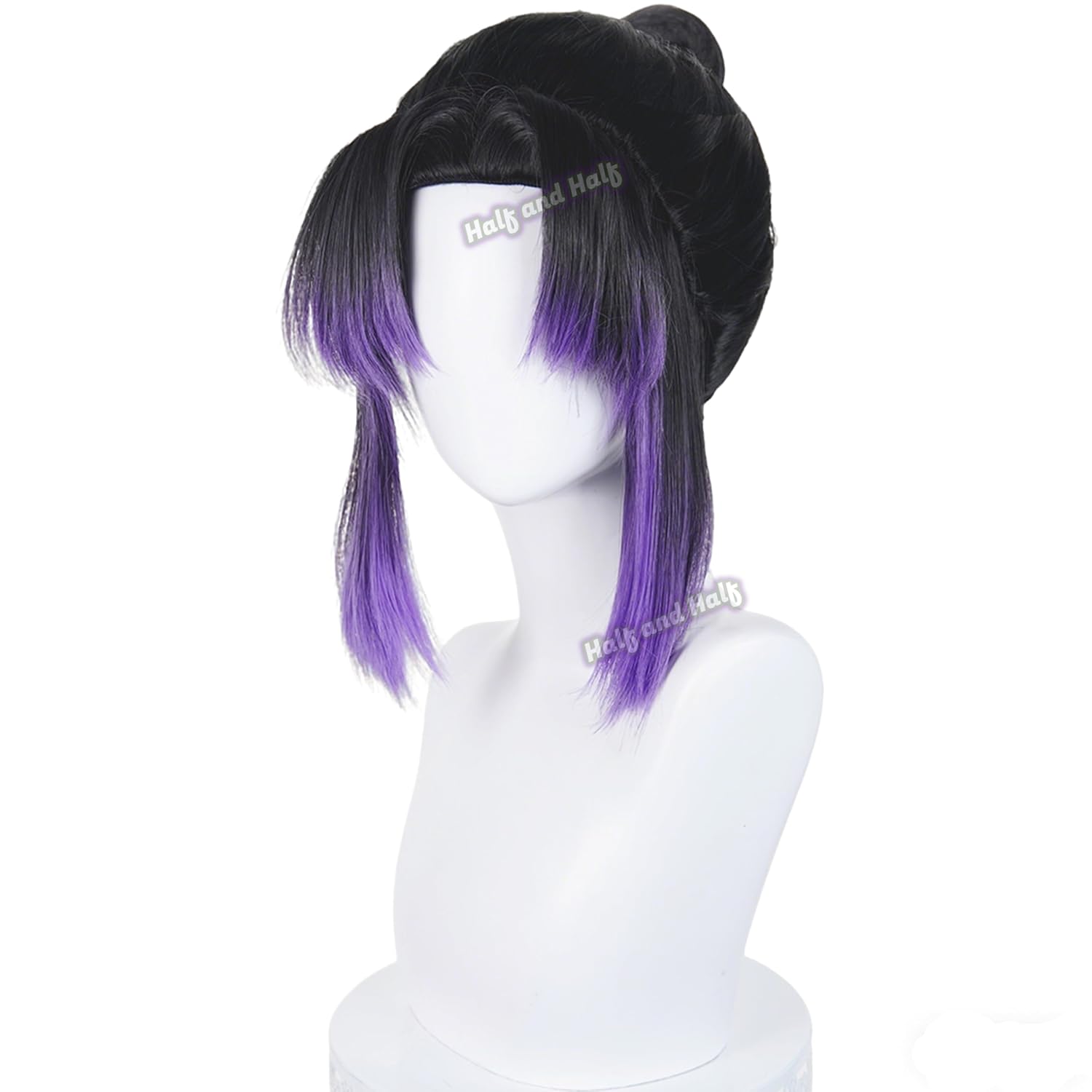 Shinobu Kochou Cosplay Wig + Butterfly Hairpin Short Black and Purple Anime Wigs with Bangs & Bun for Women Halloween Themed Party