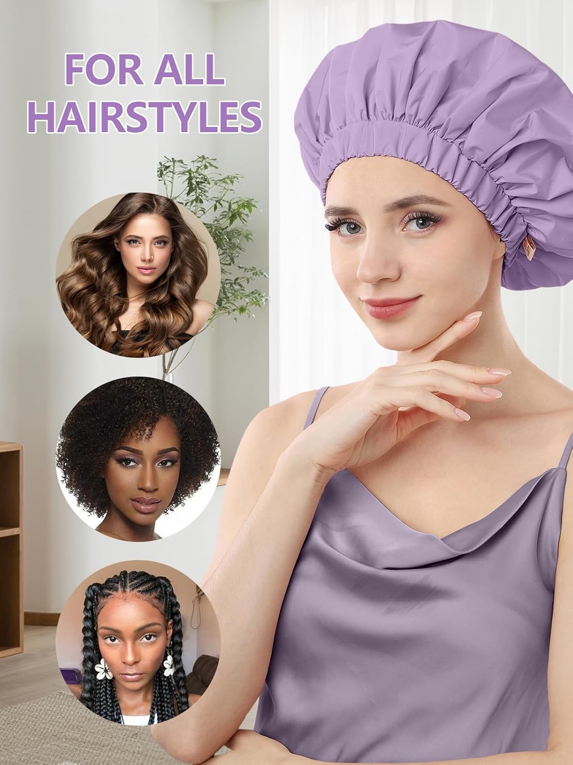 Years calm Reusable Waterproof Shower Caps for Women, Hair Caps for Showers, Double-Layer Elastic Design, for All Hairstyles, Travel-Friendly (Purple) - Image 3