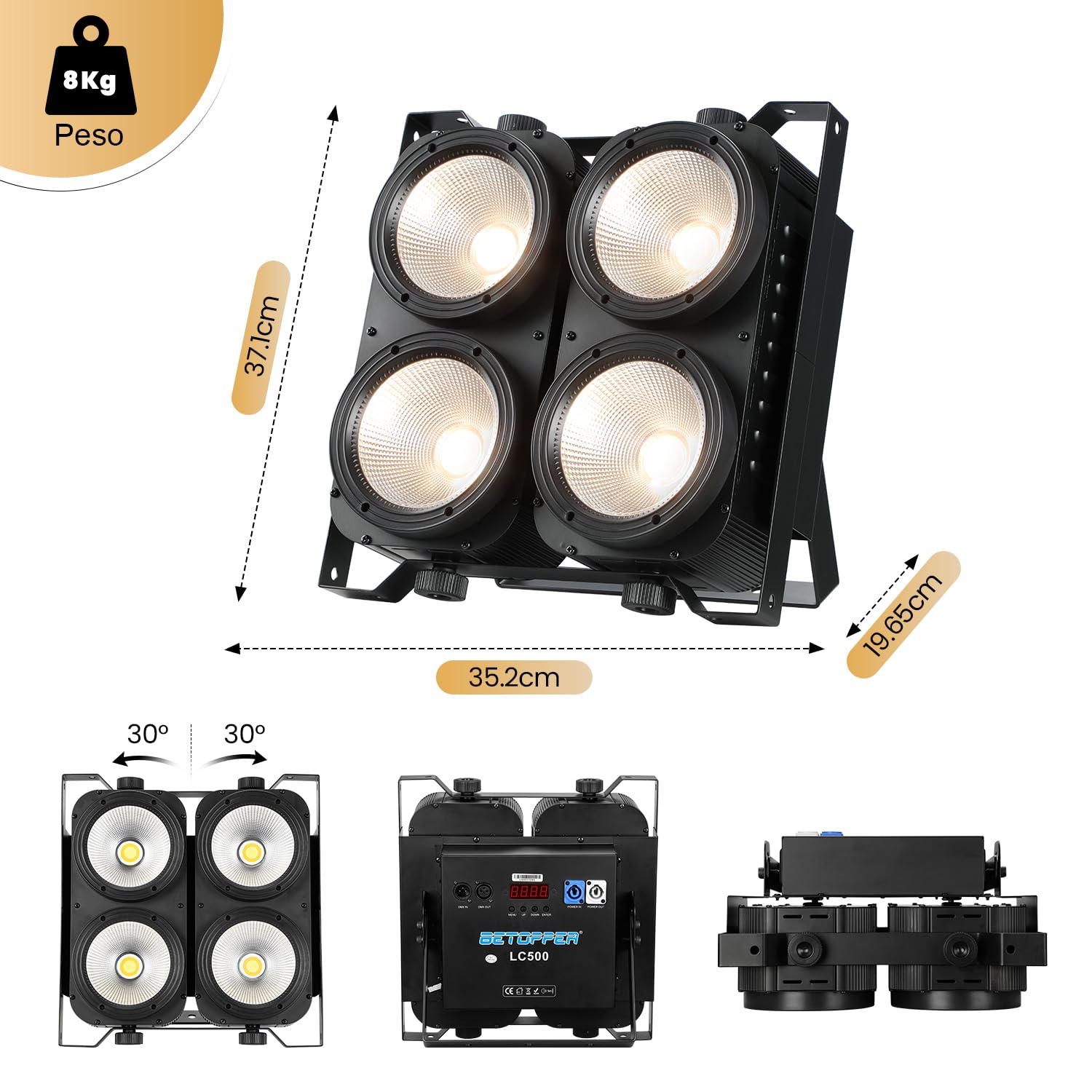 BETOPPER COB PAR LED 4x100W Luci da Palco, Blinder COB Ambra + Bianco Freddo Aggiornato, Alto CRI/RA (>95), Spotlight DMX512, Luci a 4 Occhi per Matrimoni, Feste, Fotostudio e Teatro | Luce di Scena DMX ad Alto CRI/RA (>95),Gioco di Luce Matrice 4 Occhi p