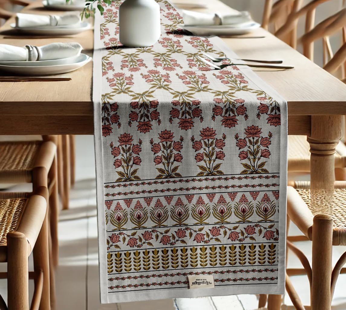 Double Layer Cotton Table Runner with Border - Floral Print, Machine Washable - Dining Table Décor for Farmhouse & Modern Homes